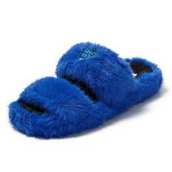 JOMIX Winter Hausschuhe Damen Stylische Dopelriemen Pantoletten Bequeme Fluffy Slippers Indoor Outdoor (Blau, 41 EU) von JOMIX