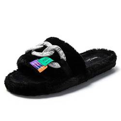 JOMIX Winter Hausschuhe Damen Stylische Plüsch Pantoffeln Offene Zehen Bequeme Slippers Indoor Outdoor (Schwarz, 37 EU) von JOMIX