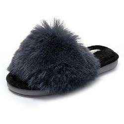 JOMIX Winter Hausschuhe Damen Warme Pantoffeln Offener Zehen Weiche Plüsch Puschen Modische Slippers Indoor (Dunkelgrau, 36 EU) von JOMIX