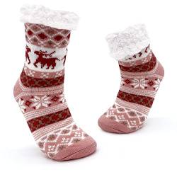 JOMIX Winter Stoppersocken Damen Dicke Socken Rutschfeste Hüttensocken Anti-Rutsch Sohle Bunte Weihnachtsrentier Flauschige Haussocken Plüschsocken (01 Rosa, 36-42 EU) von JOMIX