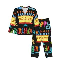 JONGYA Happy Birthday Big Cake Bedrucktes Langarm-Pyjama-Set, bequemer und modischer lässiger Schlafanzug, Schwarz , 36 von JONGYA