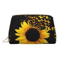 Make-up-Tasche aus Leder mit 3D-Elefanten-Motiv, mit Reißverschluss, perfekt für Kosmetika und Toilettenartikel, Grau, Sonnenblumen-Blumen- und Schmetterlingskunst, Einheitsgröße von JONGYA