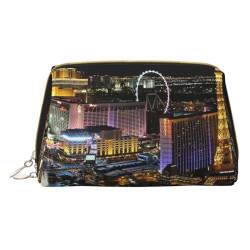 Make-up-Tasche aus Leder mit blauen Schmetterlingen, weißen Blumen, mit Reißverschluss, perfekt für Kosmetika und Toilettenartikel, Las Vegas Nachtansicht, Einheitsgröße von JONGYA