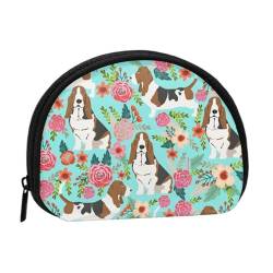 Sweet Basset Hound Florals bedruckte Muschel, tragbare Mini-Aufbewahrungstasche für Kleingeld, langlebig und tragbar von JONGYA