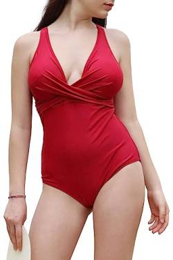 JOPHY & CO. Damen Badeanzug mit V-Ausschnitt in Übergröße Monokino für Meer Sexy Push Up Gepolsterter BH Strand Beachwear Swimwear Code 7600, 3239 Rot, 52 von JOPHY & CO.