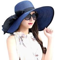 JOYEBUY Damen Floppy Big Brim Hut Bowknot Strohhut Faltbarer Roll Up Sonnenhut, Marineblau, Einheitsgröße von JOYEBUY