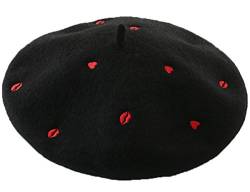 JOYHY Damen Rot Lippen Herzen Bestickt Wolle Französisch Stil Baskenmütze Hut Schwarz von JOYHY