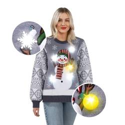 JOYIN Weihnachten Frauen Schneemann grau hässlicher Pullover und Glühbirne Neuheit LED Leg Lage UP LANGELEVE Tönt (XL) von JOYIN