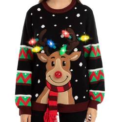 JOYIN Womens LED Light Up Reindeer Ugly Christmas Sweater Built-in Glühbirnen (schwarz, groß) von JOYIN