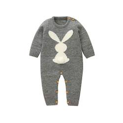 Babystrampler Jungen Mädchen Baumwolle Overall Strick Langarm Bodysuit Kaninchenmuster Knopfleiste Strickoverall Fleece Schlafoverall Jungen Babykleidung Walkoverall für Herbst und Winter(Grau,100) von JOYISURE