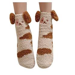 JOYISURE Kuschelsocken Damen 3D Cartoon-Socken Dicke Flauschige Socken Schlauchsocken Plüschsocken Lustige Pudding-Hund Wintersocken Anti Rutsch Hüttensocken Geschenk für Frauen(Kaffee) von JOYISURE