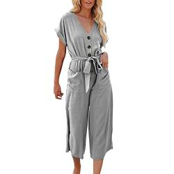 JOYISURE Overall Damen 3/4 Lang Jumpsuit mit Weitem Bein Schulterfrei Kurzarm Strampler Elastischer Bund Romper Leicht Freizeit Hosenanzug Lässiger Einfarbiger Playsuit mit Gürtel(Grau,M) von JOYISURE