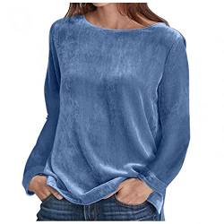 JOYISURE Samt Rundhalspullover Damen Pullover Elegant Einfarbig Langarmshirt Ladies Oversized Velvet Crew Sweatshirts Mode Bequem Lose Oberteile Basic Button Top(Blau,M) von JOYISURE