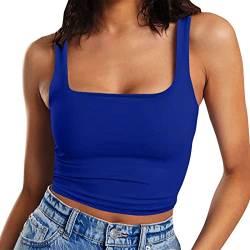 JOYISURE Tops Damen Basic Sexy Ärmellos Oberteil Rundhals Tank Top Camisole Bauchfrei Crop Top Ärmellos Spaghettiträger Bustier Y2k Schlank Leibchen Racerback BH Unterhemden(Blau,S) von JOYISURE