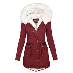 JOYISURE Winterjacke Damen Schwarz Mit Fell | Weiß Teddyfell Gefütterte Winterparka Tunika Fleecejacke Elegant Schmale Outdoor-Plüschjacke Lässig Dicker Steppmantel mit Pelzkragen(Wein,S) von JOYISURE