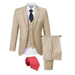 Herren Anzug 3 Stück Slim Fit Hochzeitsanzug für Männer Formale Abschlussball Smoking Bussiness Anzug Jacke Weste Hose mit Krawatte, Champagner, XS von JOYLYJOME