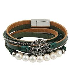 JOYMIAO Baum des Lebens Lederarmband Boho Seil Manschette Armband Perlen Wrap Armreif für Frauen (grün) von JOYMIAO