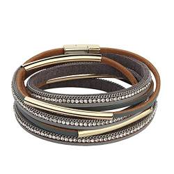 JOYMIAO Echtes Leder Wrap Armband - Multi-Layer-Kristall Seil Armreif Hand gewebte Schmuck für Kinder, Frauen, Junge (Grau) von JOYMIAO