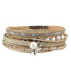 JOYMIAO Leder Seil geflochten Armband Kristall Perle Charme Leder Armbänder Multi-Layer-Leder Wrap Manschette Armreif mit Magnetverschluss für Frauen (Beige) von JOYMIAO