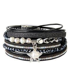 JOYMIAO Leder Seil geflochten Armband Kristall Perle Charme Leder Armbänder Multi-Layer-Leder Wrap Manschette Armreif mit Magnetverschluss für Frauen (Schwarz) von JOYMIAO