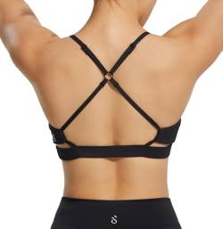 JOYSPELS Damen Sport-BH mit offenem Rücken, Riemchen, mittlere Unterstützung, Fitness, Fitnessstudio, lässig, bauchfreies Oberteil mit herausnehmbaren Polstern, Schwarz, Medium von JOYSPELS