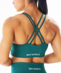 JOYSPELS Nahtloser Sport-BH für Damen, Riemchen, gekreuzter Rücken, Workout, Fitness, Yoga-BH, mittlere Unterstützung, mit herausnehmbaren Pads, Türkis/Ausflug, einfarbig (Getaway Solids), X-Small von JOYSPELS