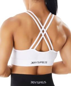 JOYSPELS Nahtloser Sport-BH für Damen, Riemen, gekreuzter Rücken, Workout, Fitness, Yoga, mittlere Unterstützung, Weiss/opulenter Garten, Medium von JOYSPELS