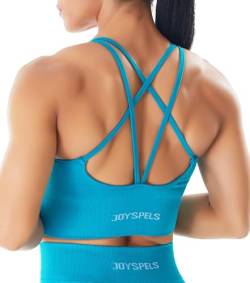 JOYSPELS Sport-BHs für Damen, überkreuzter Rücken, gepolsterter Sport-BH, mittlere Unterstützung, Yoga-Workout-Tops, Seeblau, Medium von JOYSPELS