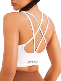 JOYSPELS Sport-BHs für Damen, überkreuzter Rücken, gepolsterter Sport-BH, mittlere Unterstützung, Yoga-Workout-Tops, Weiss/opulenter Garten, small von JOYSPELS