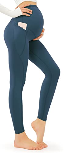 JOYSPELS Umstandsleggings über dem Bauch mit Taschen, Nicht durchsichtig, Workout-Schwangerschafts-Leggings, blaugrün, XL von JOYSPELS