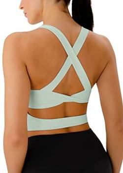 Sport-BHs für Damen, überkreuzter Rücken, gepolstert, Workout-Tank-Tops, mittlere Unterstützung, bauchfreies Top für Damen, blassgrün, Medium von JOYSPELS