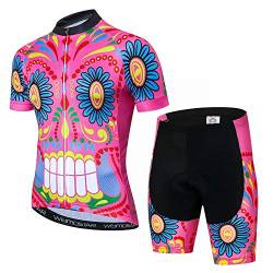 Herren Radtrikot und Shorts Set Kurzarm Bike Jersey und Shorts Bergkleidung Sommerkleidung Schnelltrocknend, Pink Totenkopf, Medium von JPOJPO