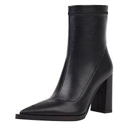 JR.catning Damen Blockabsatz Pointed Toe Kleid Stiefeletten Damen Elegant Abend Reißverschluss Stiefeletten Schwarz Gr 41 EU/43Cn von JR.catning