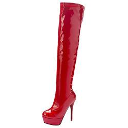 JR.catning Damen Höhe Ferse Overknees Stiefel Runde Zehen Plateau Overknees Boots Klassischer Side Reißverschluss Kniestiefel Damen Mode Winter Party Oberschenkel Boots Rot Gr 44 EU/46Cn von JR.catning