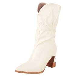 JR.catning Damen Pointed Toe Halbschaft Boots Damen Blockabsatz Halbschaft Boots Damen Ohne Verschluss Slouch Stiefel Beige Gr 37 EU/38Cn von JR.catning