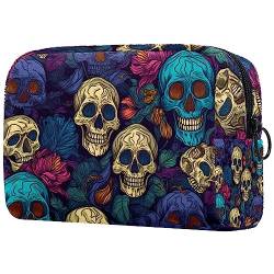 Kosmetiktasche mit Reißverschluss, geeignet für Damen, ideal für Reisen und den täglichen Gebrauch, Make-up-Organizer mit Fächern, Kulturbeutel für Herren, Totenkopf- und Rosen-Aufdruck, Mehrfarbig 3, von JRHEJTFZ