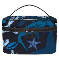Stilvolle Kosmetiktasche – große Kapazität Make-up-Tasche für Damen und Mädchen – Ausflüge und Reisebedarf – ideal für Toilettenartikel Aufbewahrungsbox niedliche Haie auf weiß-blauen Streifen, von JRHEJTFZ