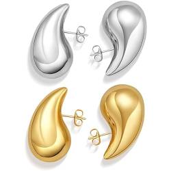 2 Stücke Ohrringe Handmade Hängend Chunky Earrings für Damen Silber Dicke Creolen für Frauen leichte Waterdrop Hollow Open Hoops Damen Gold Hypoallergene Vergoldete Leichte Waterdrops von JRYXDS