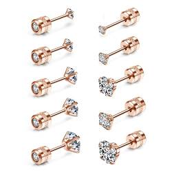 JSDDE 5 Paare Damen Ohrstecker Set Edelstahl Ohrringe mit Zirkonia Kristall 2-6mm beidseitig nutzbar Knorpel Tragus Barbell Ohrstecker, Silber Gold Rosegold (Rosegold) von JSDDE