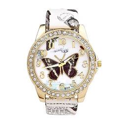 JSDDE Damen Armbanduhr Schmetterling Muster mit Strass Analog Quarz Armbanduhr Elegant Damenuhr PU-Lederband Uhr von JSDDE