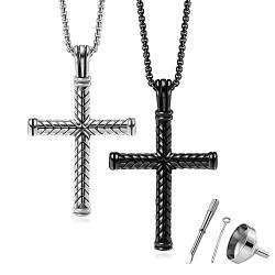 JSDDE Pärchen Kreuz Kette Edelstahl Kreuz Urne Anhänger Halskette mit Trichter Füllset Memorial Anhänger Kette Partner Ketten Freundschaftskette für Paare Damen Herren (Silber+Schwarz) von JSDDE