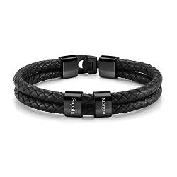 JSDDE Personalisierte Lederarmband mit Gravur Herren Armband geflochten Leder Namensarmbänder ID Armreif Geschenke für Herren Damen (Schwarz-2 Namen) von JSDDE