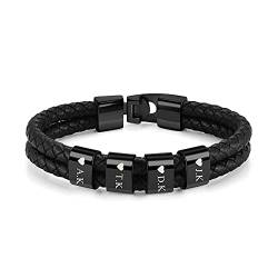 JSDDE Personalisierte Lederarmband mit Gravur Herren Armband geflochten Leder Namensarmbänder ID Armreif Geschenke für Herren Damen (Schwarz-4 Namen) von JSDDE