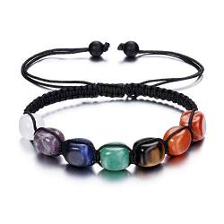 JSDDE Schmuck, 7 Chakra Armband Perlenarmband aus Edelstein Heilstein Armreif Energie Pyramide Reiki geflochten einstellbar Armband für Frauen Männer (Rechteck Steine) von JSDDE