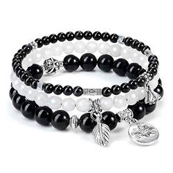 JSDDE Schmuck Wickelarmband Mehrschichtiges Armbänder Set Freundschaftsarmband Partnerarmbänder aus Edelsteine Heilsteine mit Lotus Blätter Anhänger für Damen Frauen (Obsidian) von JSDDE