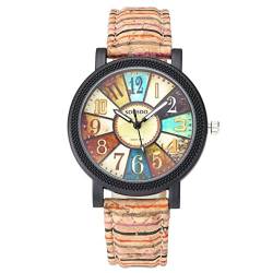 JSDDE Uhren,Damen Retro Stil Farbig Streifen Armbanduhr Holz Kork Muster PU Lederband Analog Quarzuhr von JSDDE