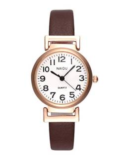 JSDDE Uhren Klassische Damen Armbanduhr Arabische Ziffer Damenuhr Lederband Uhr Analog Quarzuhr Retro Uhr Schwarz für Frauen Damen Mädchen(Kaffee) von JSDDE