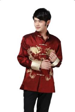 JTC Herren Hemd Chinesisch Tang Anzug Kung Fu Kostüm Drachemuster Langärmelig Rot(XL: Büste 116cm) von JTC