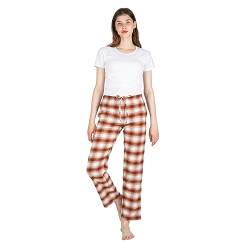 JTPW Damen 100% Baumwolle Super Soft Flanell Pyjama/Lounge Bottoms mit Taschen,Turmeric White Plaid,Size:L von JTPW