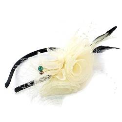 Elegantes Hochzeits Fascinator Stirnband Mit Blumenfedern Pillbox Für Make Up Party Für Hochzeitsfeier Mesh Haarband von JTQYFI